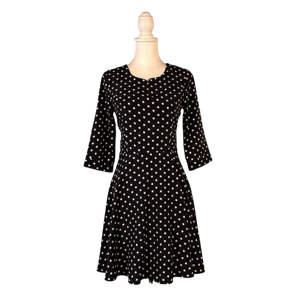 Yumi Polka Dot‎ Dress Women's 2/4 Black White 3/4 Sleeve Classic Pin Up A-Line